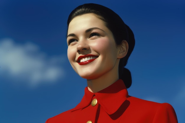 Glückliche junge Stewardess in einem roten Anzug vor blauem Himmel und blickt in die Kamera Generative AI AIG21