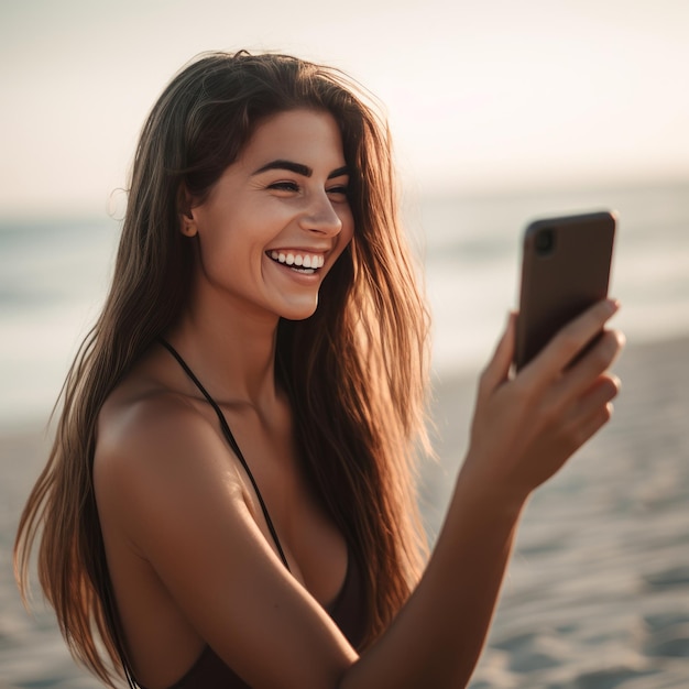 Glückliche junge Strandfrau, die Smartphone benutzt