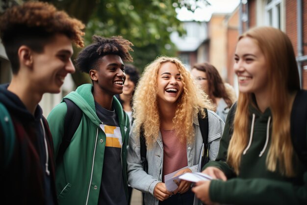 Glückliche junge Studenten plaudern miteinander