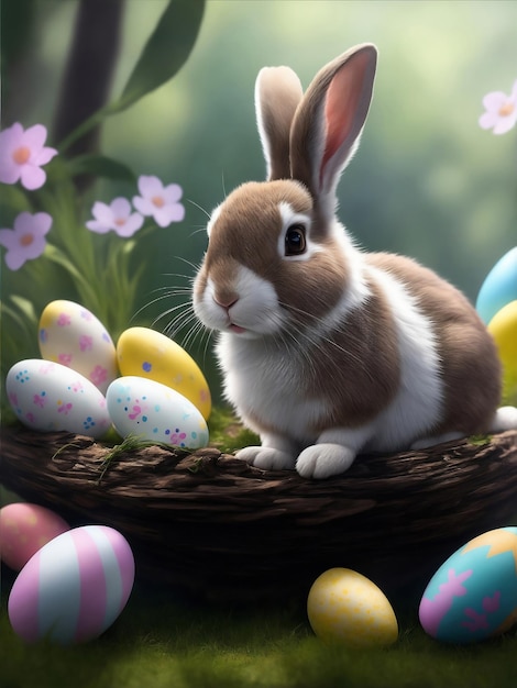 Glückliche Kaninchen mit Ostereiern Generative KI-Illustration