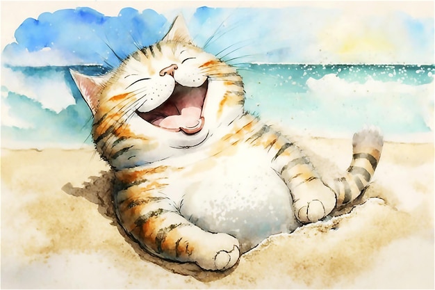 Glückliche Katze am Strand Sommer-Relax-Konzept Aquarell-Illustration Generierte KI