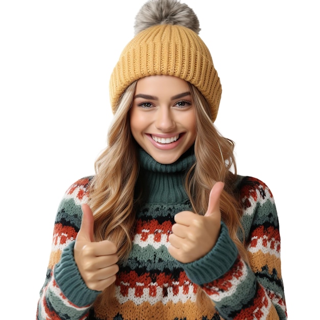 Glückliche kaukasische junge Frau in farbenfrohen Winterkleidung mit dem Daumen nach oben