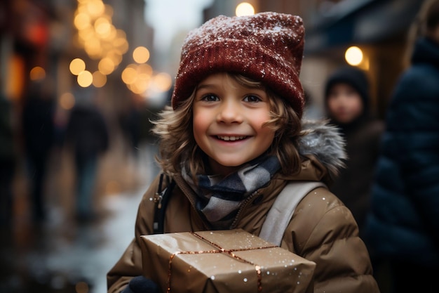 Glückliche Kinder auf der Straße mit Weihnachtsgeschenken in den Händen Geschenke für Wohltätigkeitsspenden und Öffentlichkeitsarbeit