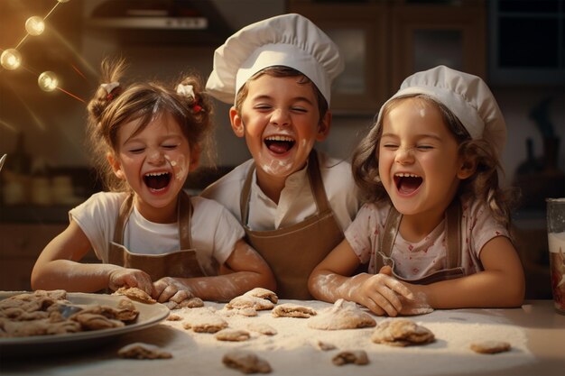 Glückliche Kinder backen Kekse in der Küche