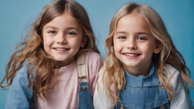 Glückliche Kinder, die auf blauem Studio-Hintergrund isoliert sind, sehen glücklich, fröhlich, aufrichtig aus.