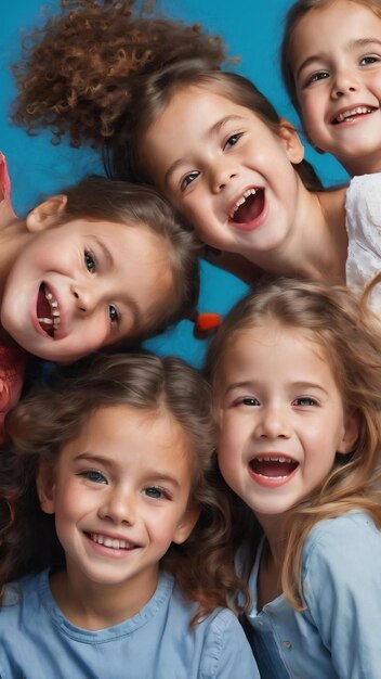 Glückliche Kinder, die auf blauem Studio-Hintergrund isoliert sind, sehen glücklich, fröhlich, aufrichtig aus.