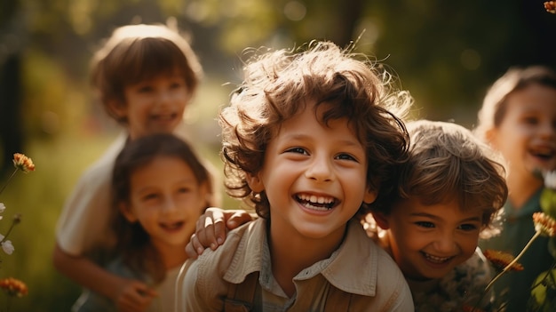 Glückliche Kinder, die draußen spielen und im Sommer bei Sonnenuntergang gemeinsam Spaß haben. Eine Gruppe fröhlicher Freunde, die im grünen Park spazieren gehen und sich gegenseitig umarmen. Kinder- und Freundschaftskonzept