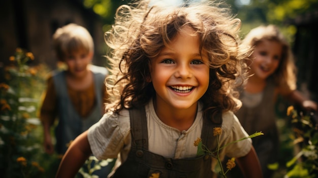 Glückliche Kinder, die draußen spielen und im Sommer gemeinsam Spaß haben, eine Gruppe fröhlicher Freunde beim Spazierengehen