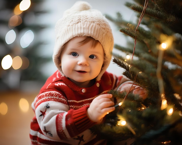 Foto glückliche kinder, die ihr weihnachtsgeschenk öffnen, während sie die schönheit des weihnachtsbaums genießen