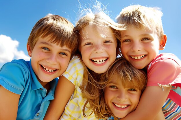 Foto glückliche kinder, die sich gegen den blauen himmel umarmen