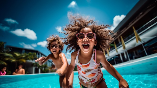 Glückliche Kinder, die Spaß beim Schwimmbadspringen haben