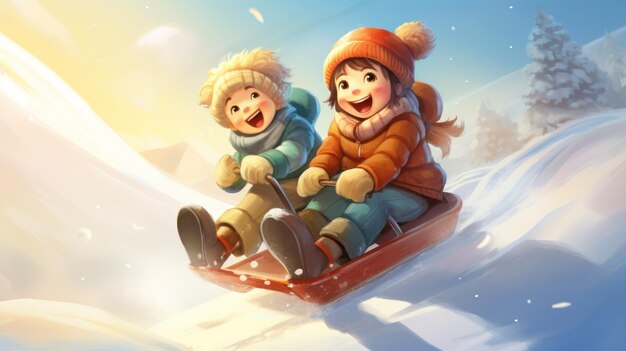 Glückliche Kinder fahren mit einem Schlitten einen schneebedeckten Hügel hinunter Illustration im Cartoon-Stil KI-generiertes Bild