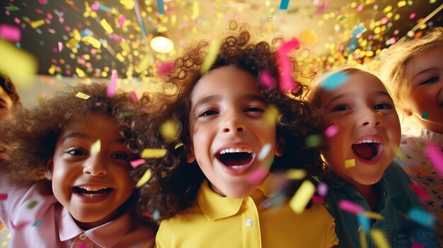 Glückliche Kinder feiern Geburtstage zusammen mit Konfetti Generative KI