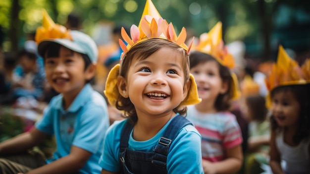 Glückliche Kinder feiern im Sommer zusammen eine Geburtstagsfeier im Garten.