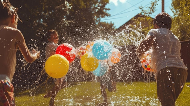 Glückliche Kinder haben eine Spaß-Wasserballon-Party im Hinterhof.