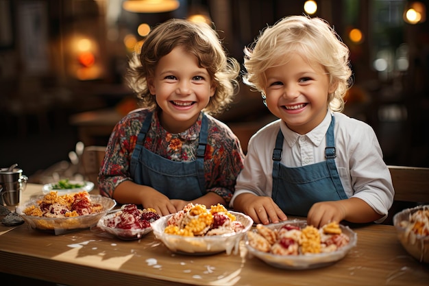 Glückliche Kinder im generativen Homemade Waffle Workshop IA