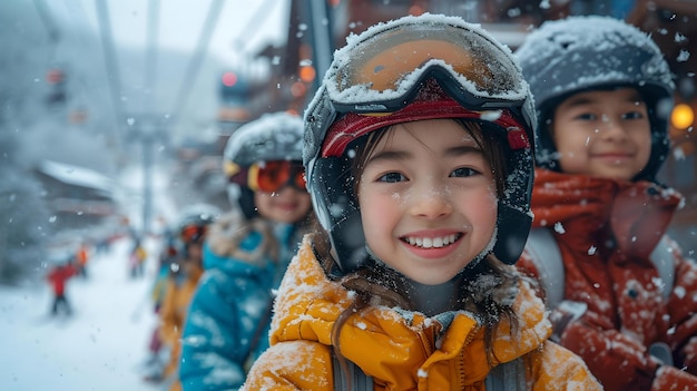 Glückliche Kinder in Winterkleidung genießen einen verschneiten Tag, lächelnde Kinder mit fallenden Schneeflocken, offener, freudiger Moment, eingefangen im Freien, KI