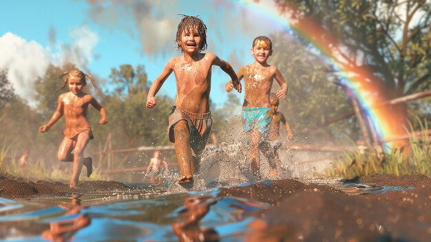 Glückliche Kinder laufen im Wasser