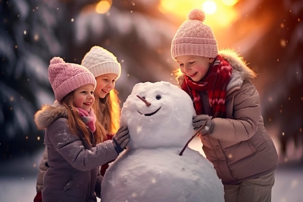 glückliche Kinder Mädchen und Junge machen einen Schneemann