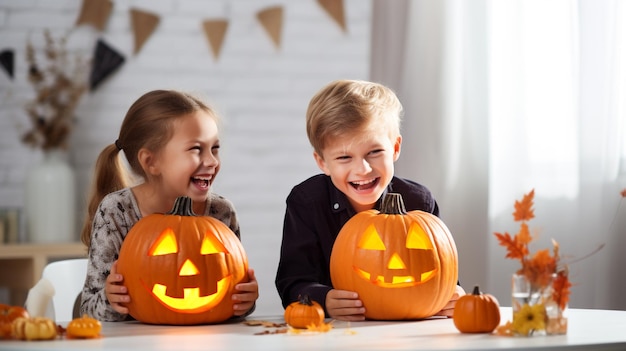 Foto glückliche kinder schnitzen gemeinsam halloween-kürbis