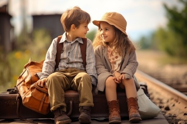 glückliche Kinder spielen am Bahnhof