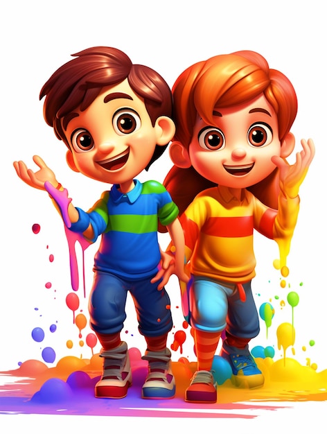 Glückliche Kinder spielen mit bunten Holi-Farben