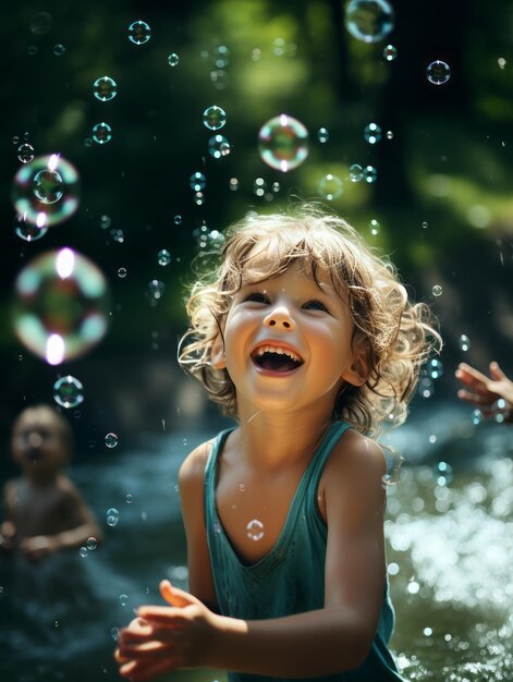 Glückliche Kinder spielen mit Wasserblasen