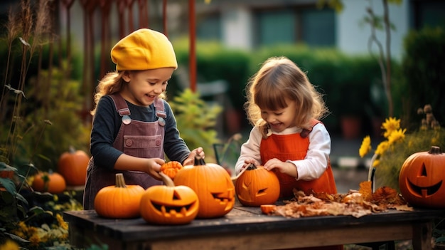 Glückliche kleine Kinder bereiten sich auf Halloween vor und machen Kürbisshandwerk auf einer Lichtung im Garten