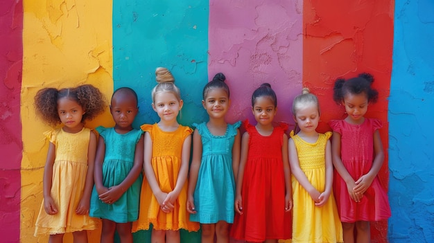 Glückliche kleine Mädchen in bunten Kleidern auf dem Hintergrund einer bunten Wand