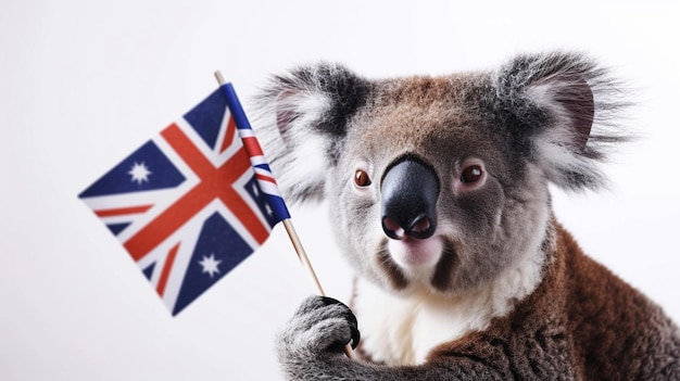 glückliche Koala halten australische Flagge isoliert auf weißem Hintergrund Ai Generative