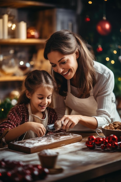 glückliche lachende mutter und tochter kochen und dekorieren weihnachtskekse verschwommen weihnachtsbaum b