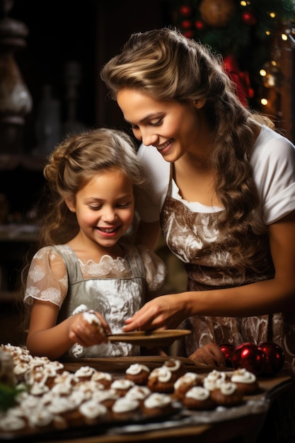 glückliche lachende mutter und tochter kochen und dekorieren weihnachtskekse verschwommen weihnachtsbaum b