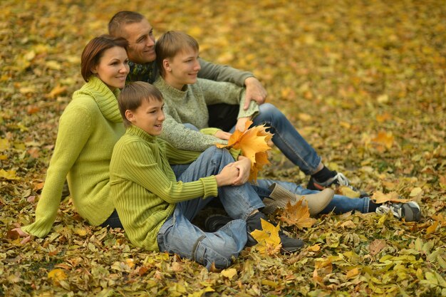 Glückliche lächelnde Familie, die im Herbstpark sich entspannt