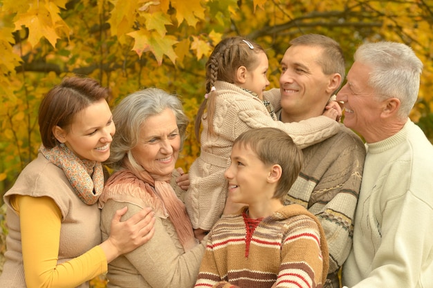 Glückliche lächelnde Familie, die im Herbstpark sich entspannt