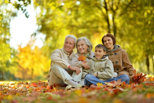 Glückliche lächelnde Familie, die im Herbstwald sich entspannt