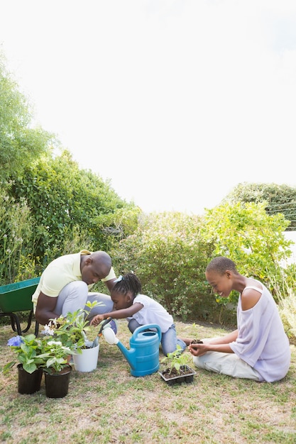 Glückliche lächelnde Familienanlage, die Blumen zusammen sind