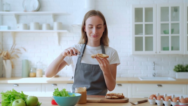 Glückliche lächelnde Frau in der Küche, die ein Erdnussbuttersandwich vorbereitet
