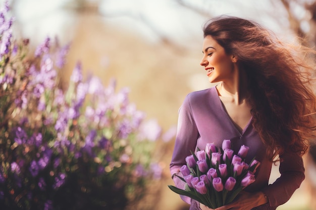 Glückliche lächelnde Frau mit einem Strauß lila Blumen in der Natur