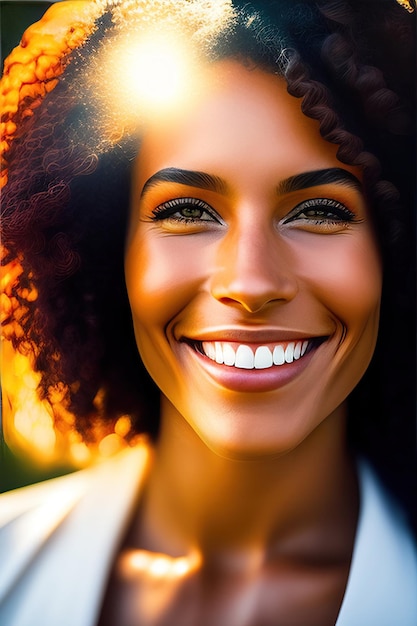 Glückliche lächelnde Frau mit Sonnenlicht, sanftes Lächeln, Wellness und geistige Gesundheit