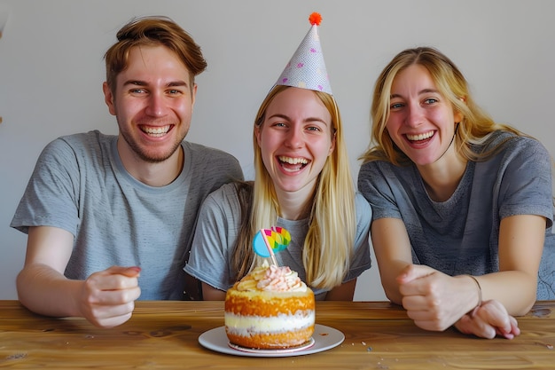 Glückliche lächelnde Freunde, die sich auf der Geburtstagsfeier amüsieren