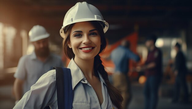 Glückliche lächelnde Ingenieurin, süße junge Menschen, Bauwesen, slawische Erscheinung