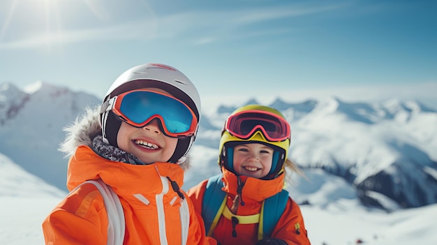 glückliche lächelnde Kinder Snowboarder vor dem Hintergrund von schneebedeckten Bergen in einem Skigebiet dur