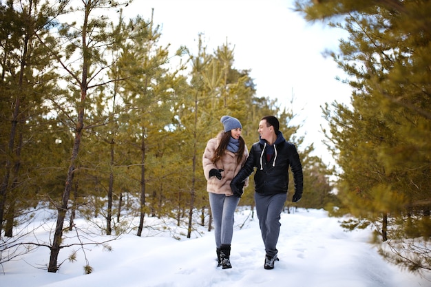 Glückliche Liebhaber, die Hände halten, gehen im Wald der Tannen im Schnee