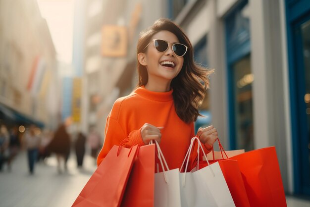 Foto glückliche luxus-asiatische frau reisen einkaufen in der stadt lebendige mode zeitgenössischer lebensstil