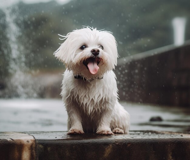 Glückliche Malteser, die im Regen spielen, geschaffen von generativer KI