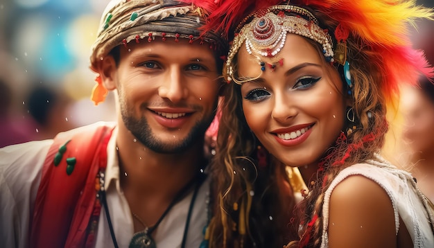 Glückliche Menschen, die sich in Zigeunerkleidung und helles Make-up in die Kamera schauen