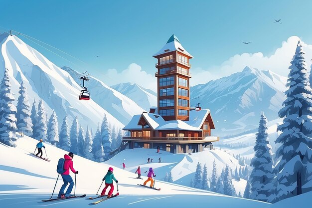Foto glückliche menschen mit kindern, die ski fahren und snowboard fahren, an einem aufzug in den bergen vorbeikommen, touristen, die ihren urlaub im skigebiet genießen