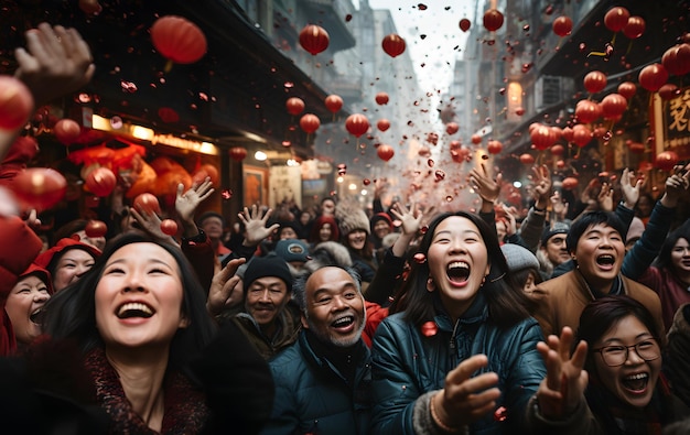 Glückliche Menschenmengen feiern das chinesische Neujahr