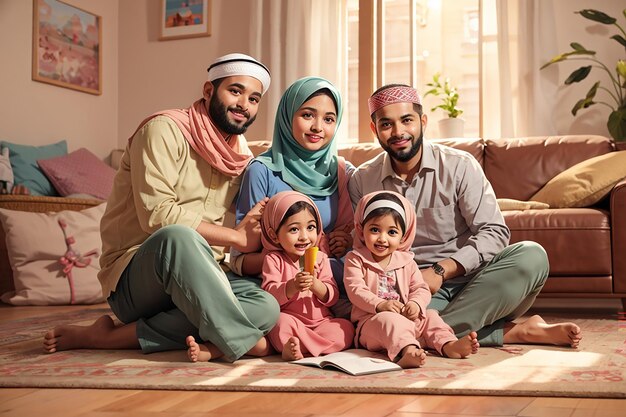 Foto glückliche muslimische eltern und ihre kinder entspannen sich zu hause auf dem boden und schauen in die kamera