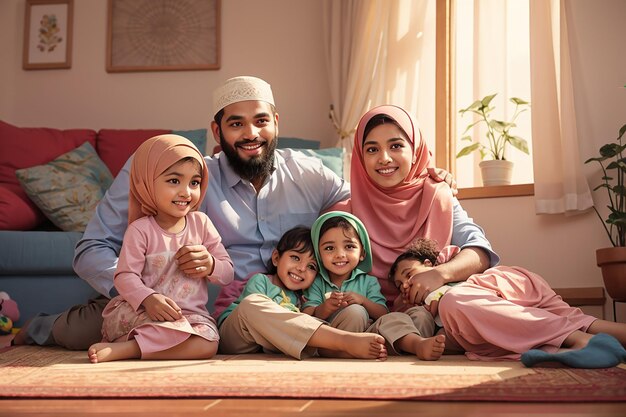 Foto glückliche muslimische eltern und ihre kinder entspannen sich zu hause auf dem boden und schauen in die kamera